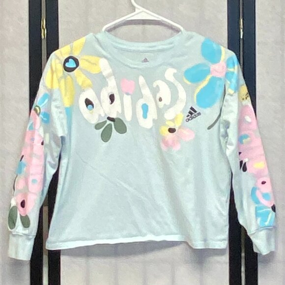 Adidas Girls M Flower Power Blue Long Sleeve Tee Shirt Floral Hearts Graphic Top - Picture 1 of 12